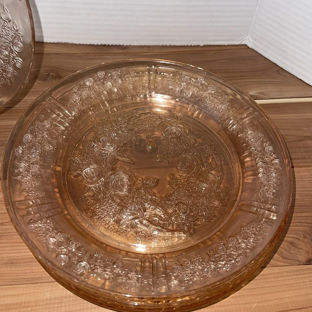 1930's Federal Pink Glass Cabbage Rose Set of 6 Dessert Bowls & Plates  VINTAGE
